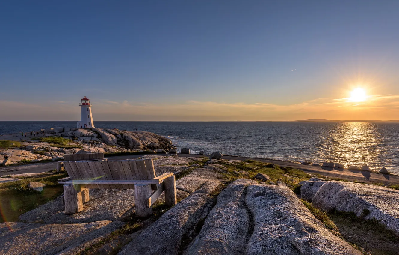 Photo wallpaper sea, lighthouse, bench