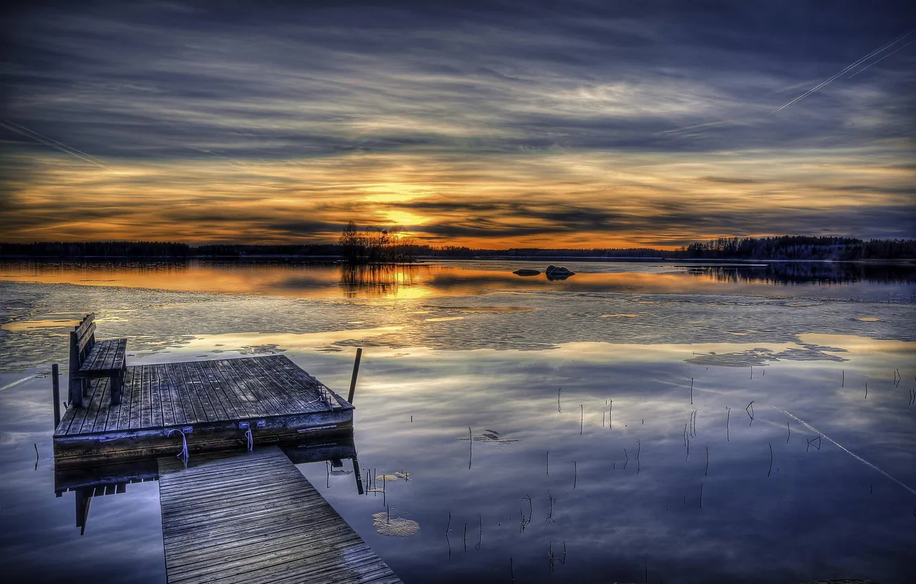 Photo wallpaper snow, sunset, lake, HDR
