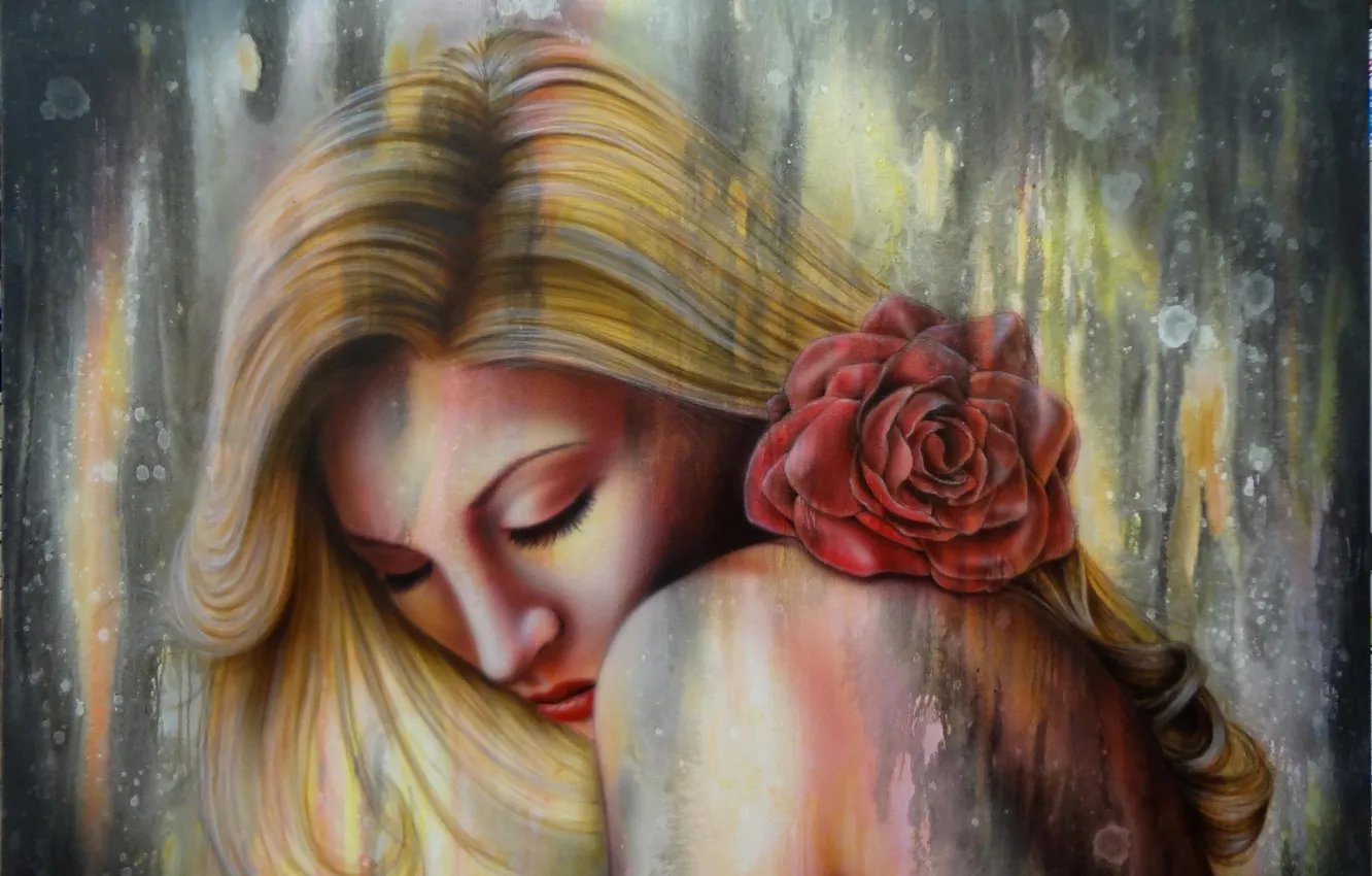 Photo wallpaper girl, flowers, hair, roses, art, painting, shoulders, closed eyes