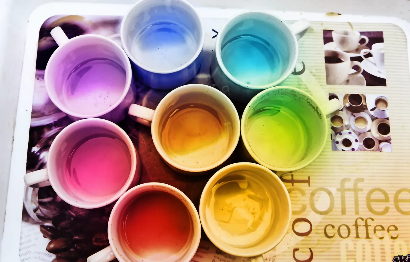 Photo wallpaper color, coffee, rainbow, mugs, tray