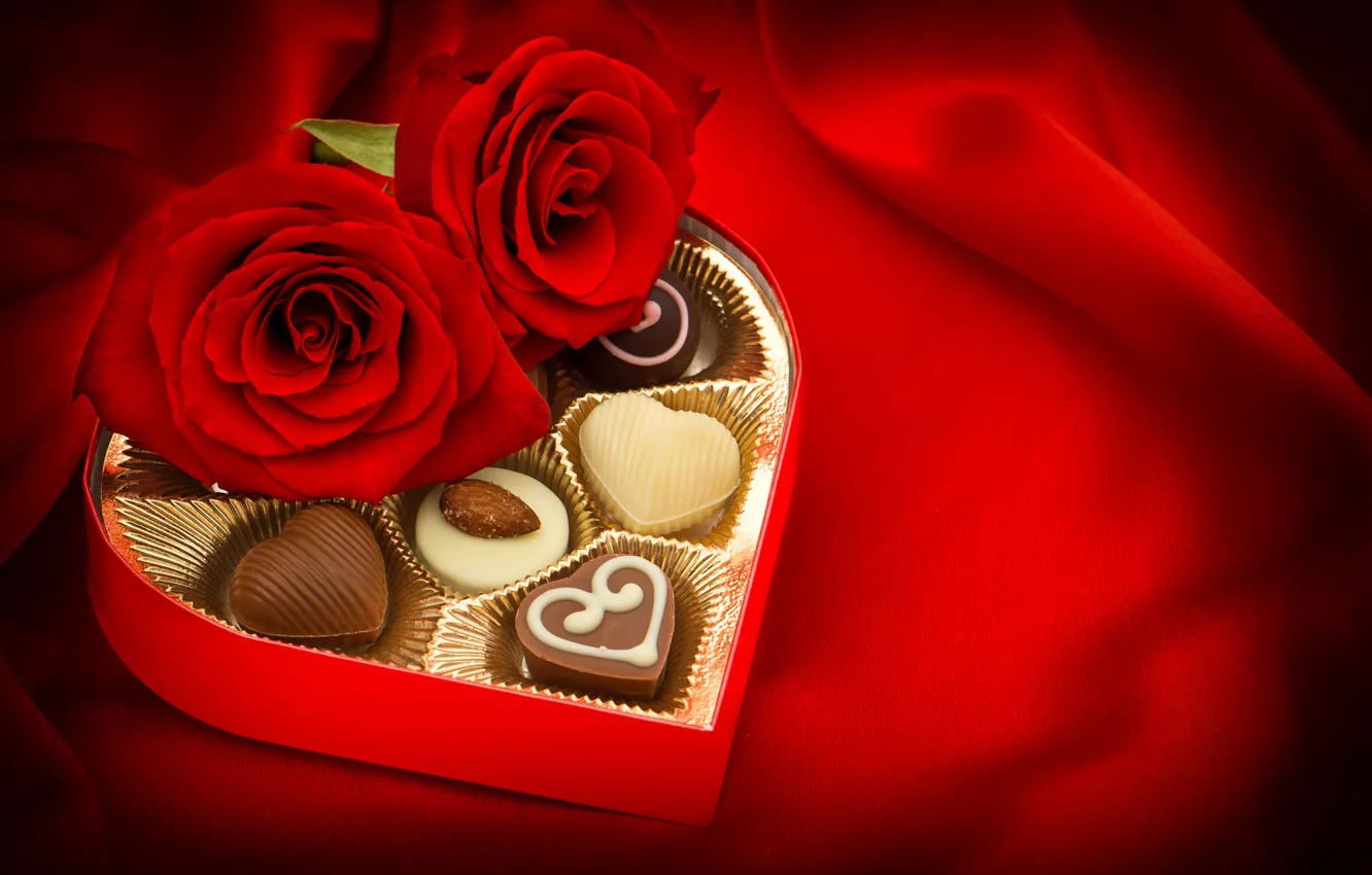 Photo wallpaper chocolate, roses, candy, buds, Valentine's Day
