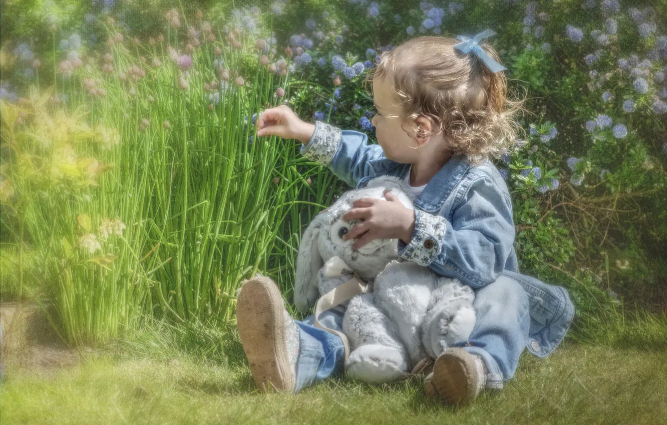 Photo wallpaper greens, summer, flowers, nature, children, interest, glade, toy