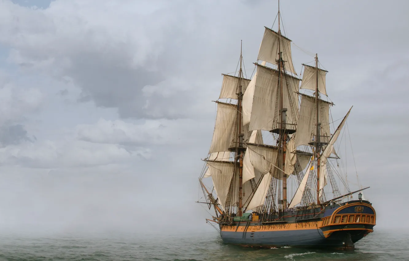 Photo wallpaper sea, the sky, clouds, sailboat, haze