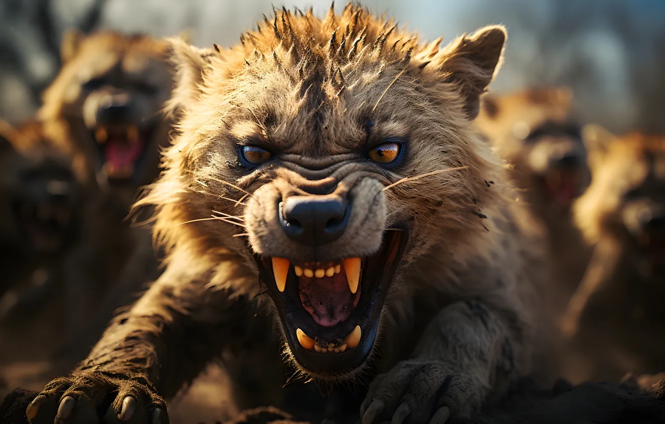 Photo wallpaper look, fangs, grin, hyena, digital art, AI art, The Art of Artificial Intelligence, neural network