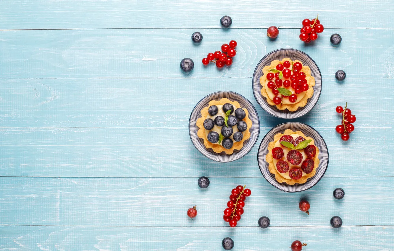 Photo wallpaper red, cherry, berries, Board, blueberries, cake, bowl, placer