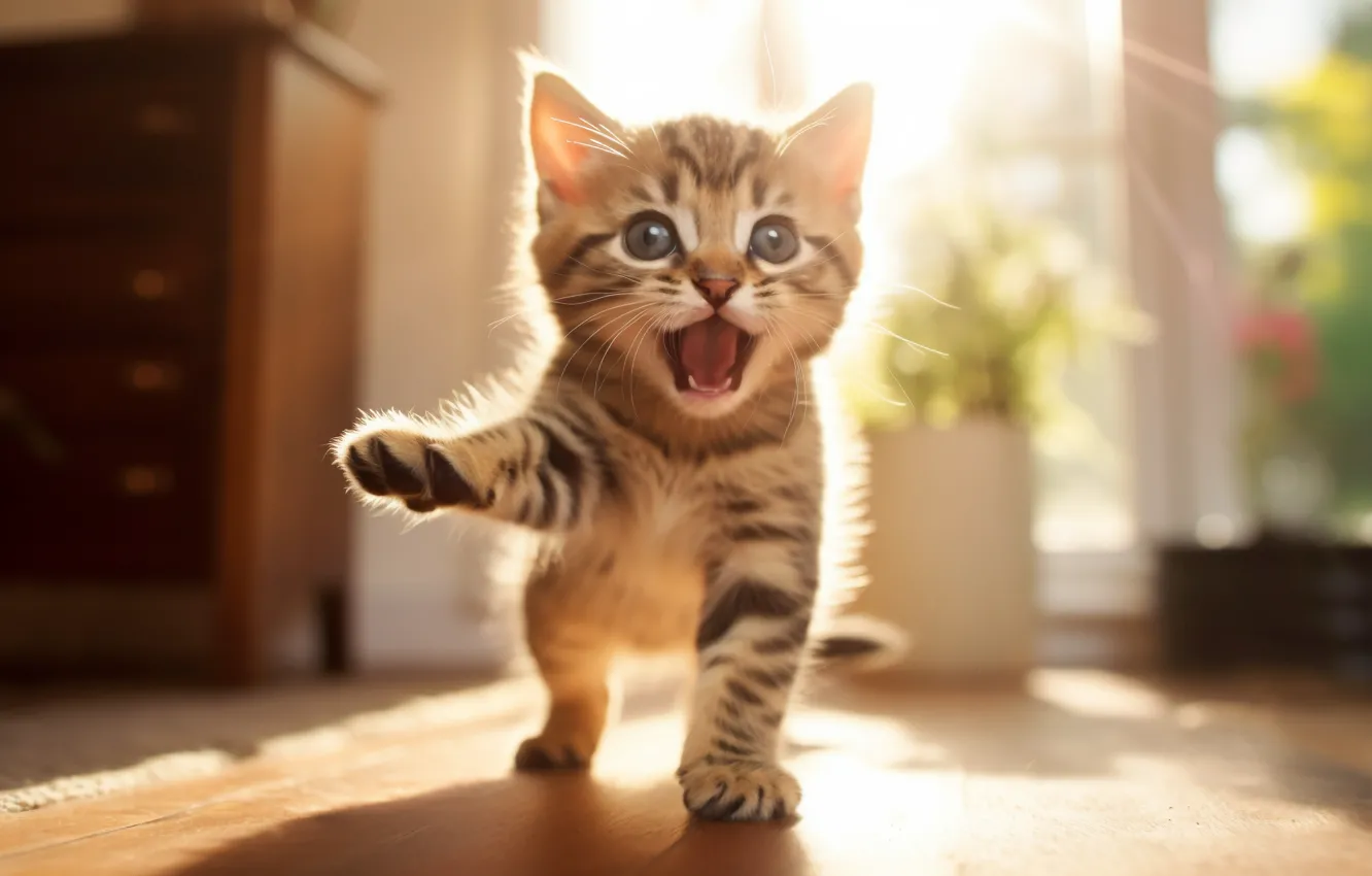 Photo wallpaper language, cat, look, the sun, light, pose, grey, room