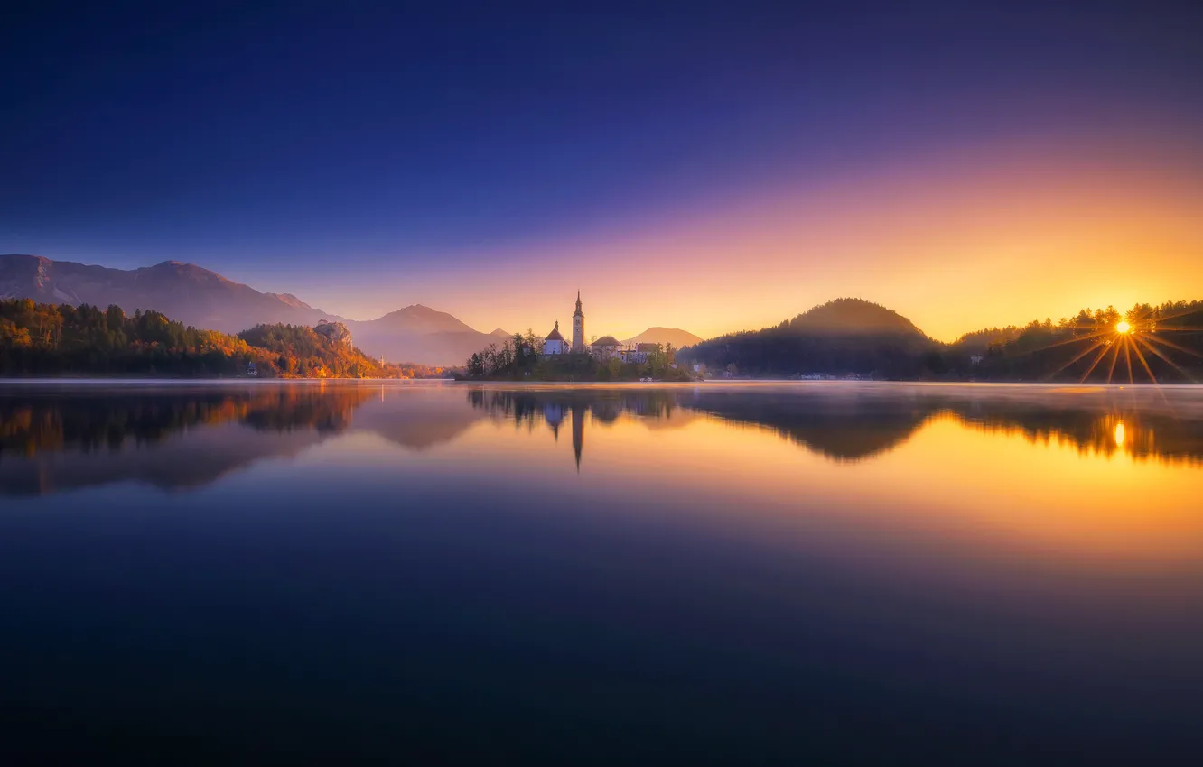 Photo wallpaper sunset, lake, reflection, Slovenia, Lake Bled, Slovenia, Lake bled, Bled