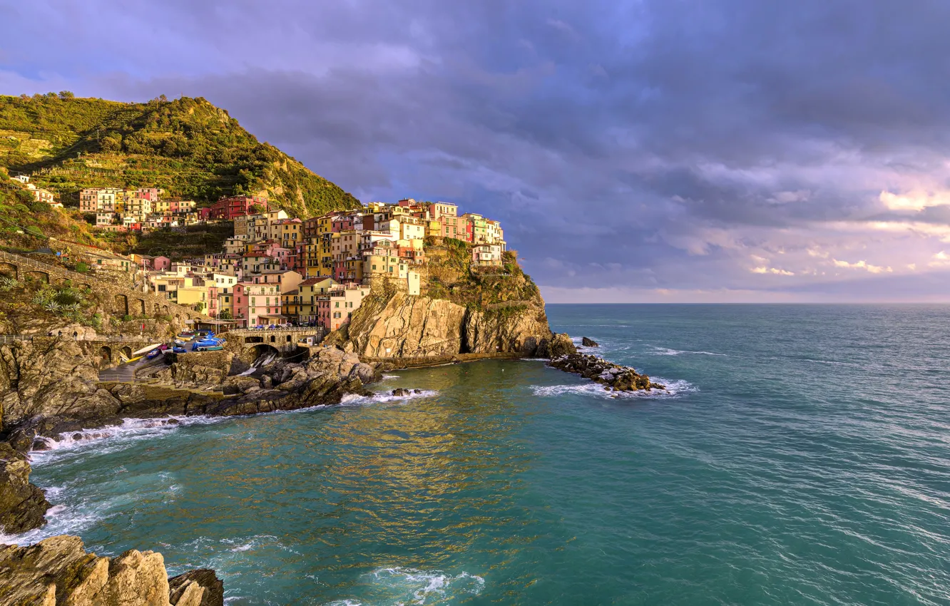 Photo wallpaper sea, landscape, rocks, coast, Italy, Italy, The Ligurian sea, Manarola