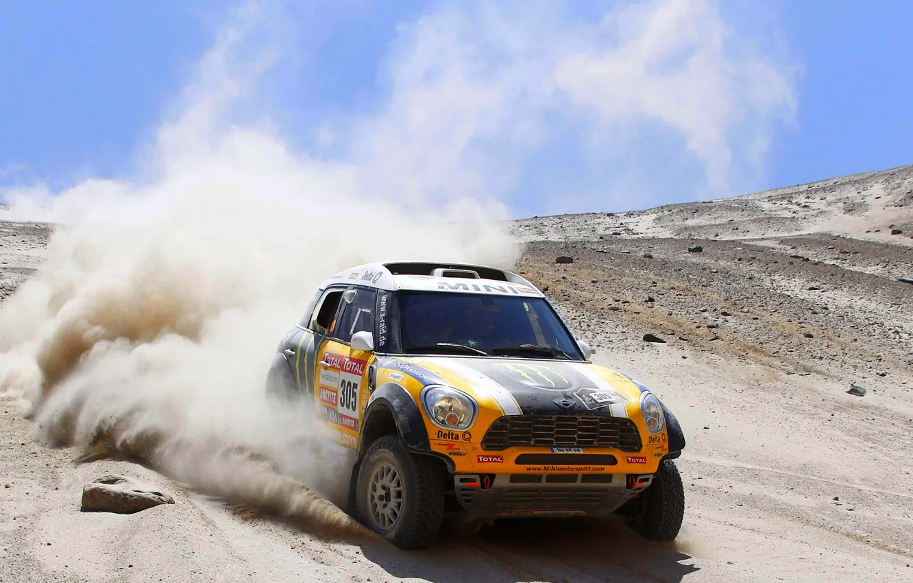 Photo wallpaper Sand, Yellow, Dust, Day, Mini Cooper, Heat, Rally, Dakar