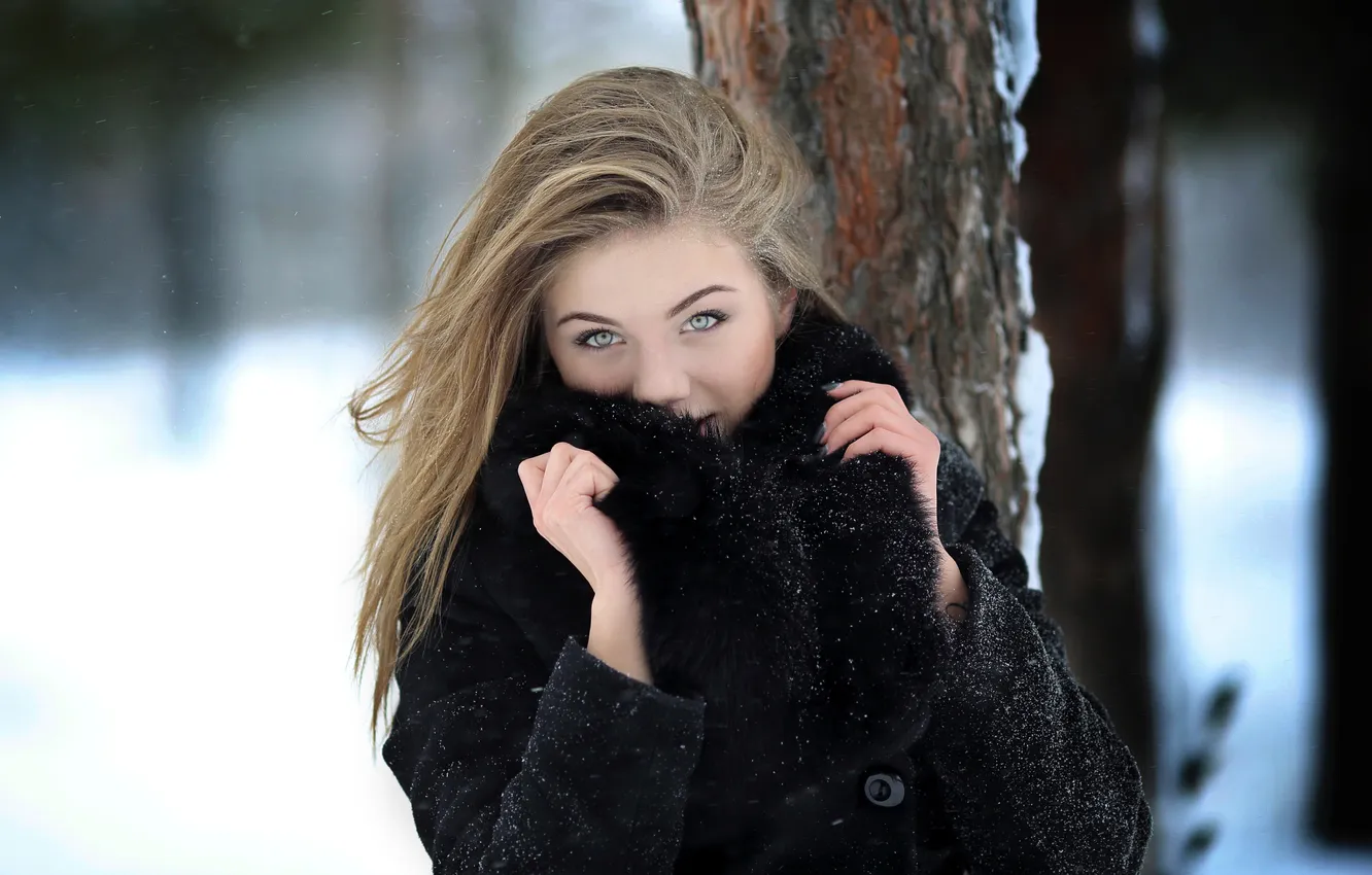 Photo wallpaper winter, look, snow, trees, pose, Park, model, portrait