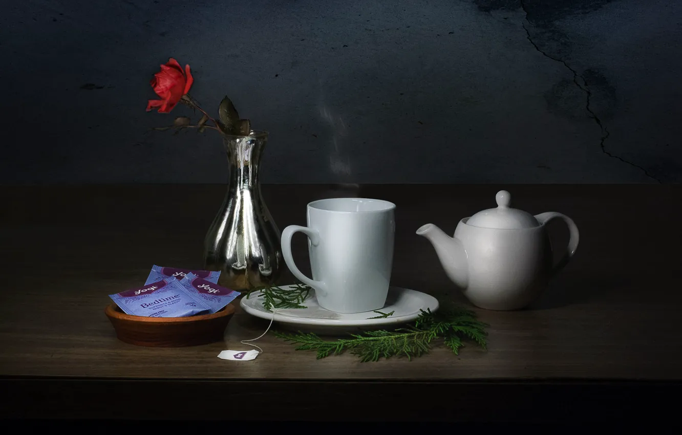 Photo wallpaper table, tea, roses, kettle, mug, Cup, vase, still life
