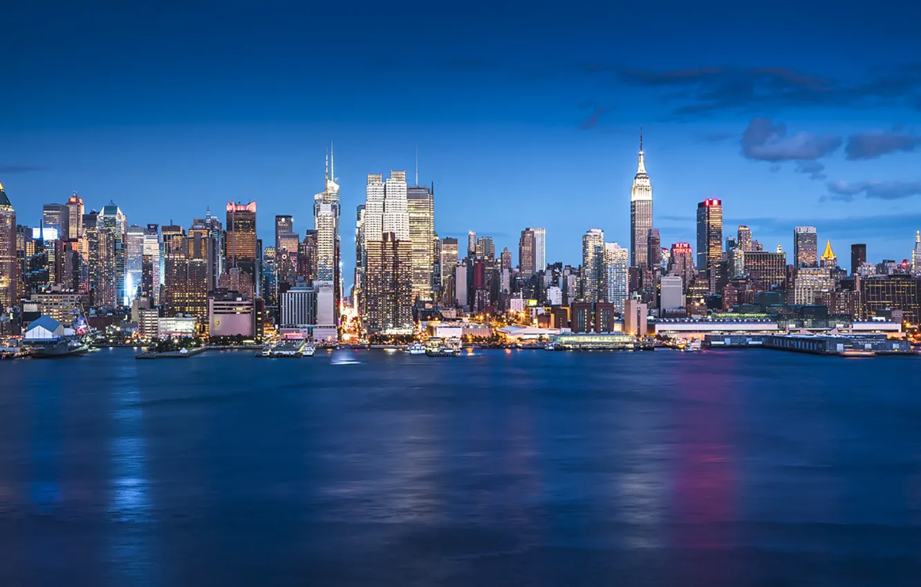 Photo wallpaper United States, New York, Manhattan, skyscrapers, blue hour, cityscape