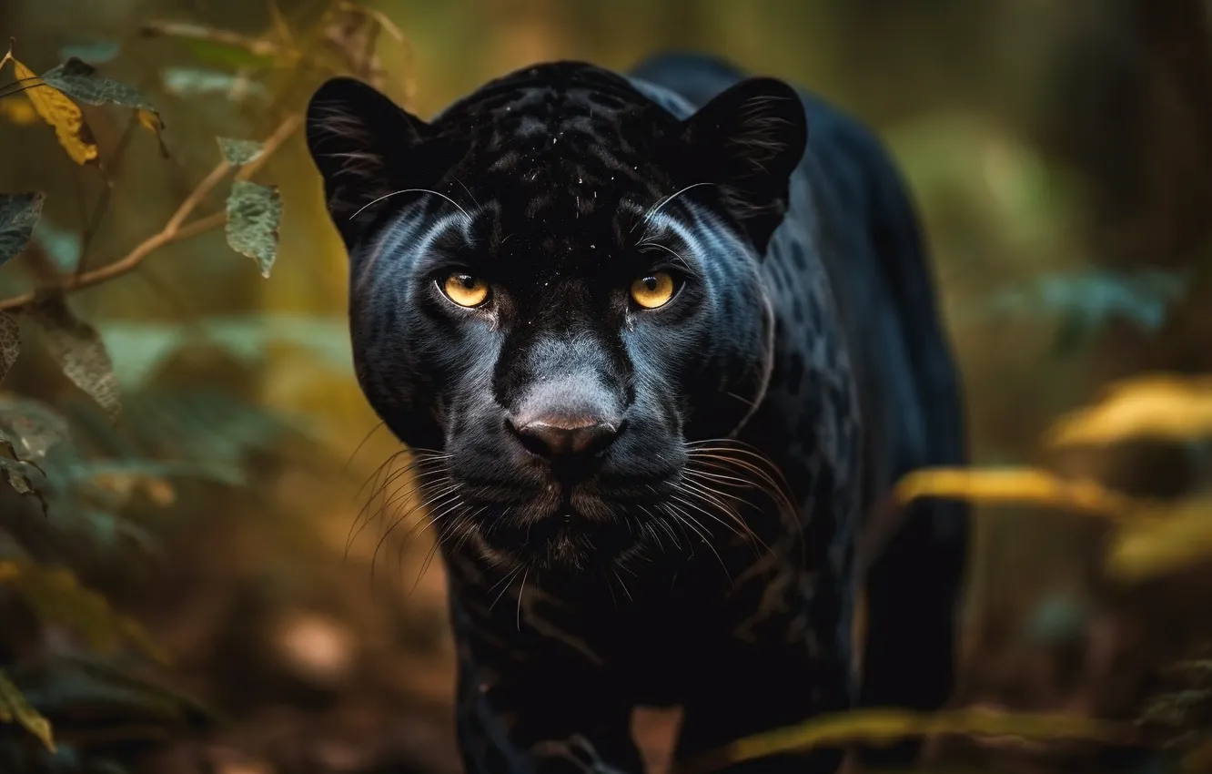 Photo wallpaper eyes, look, face, predator, Panther, front, big cat, digital art