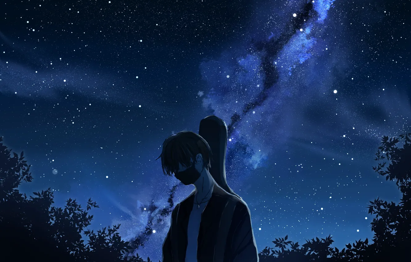 Photo wallpaper the sky, night, guitar, mask, guy, the milky way, sad