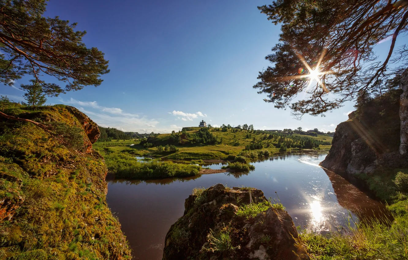 Photo wallpaper river, stones, rocks, Church, Russia, river Dir