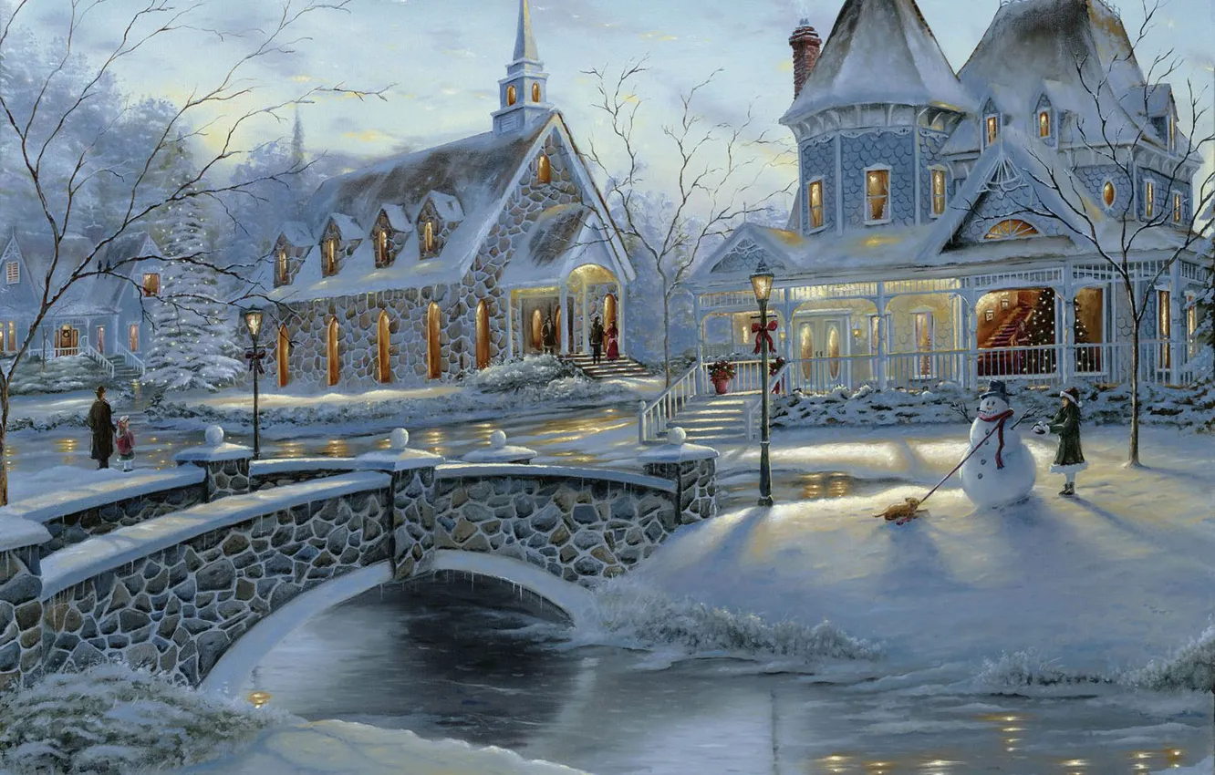 Photo wallpaper winter, bridge, people, holiday, tree, home, Christmas, snowman