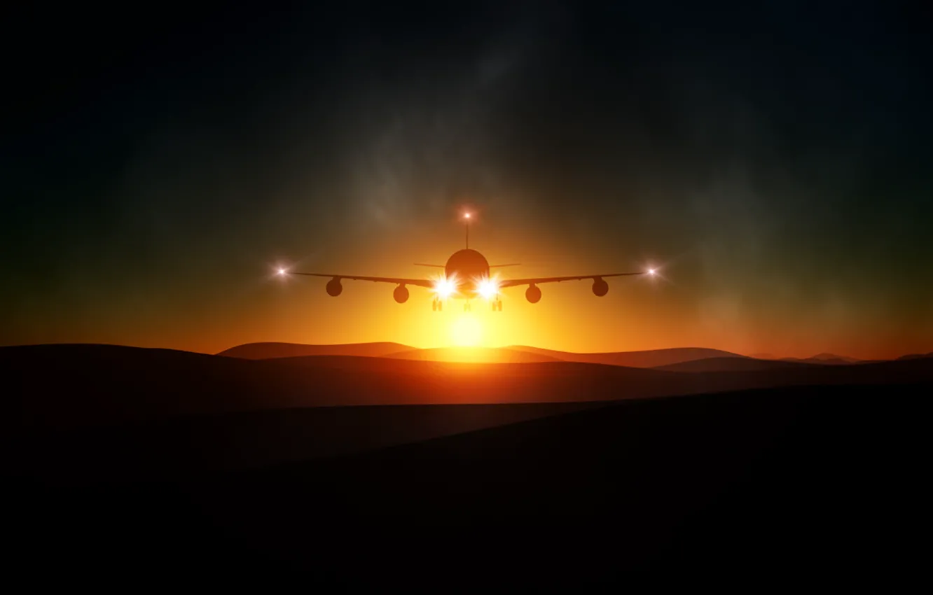 Photo wallpaper light, flight, landscape, sunset, mountains, The plane, turbulence
