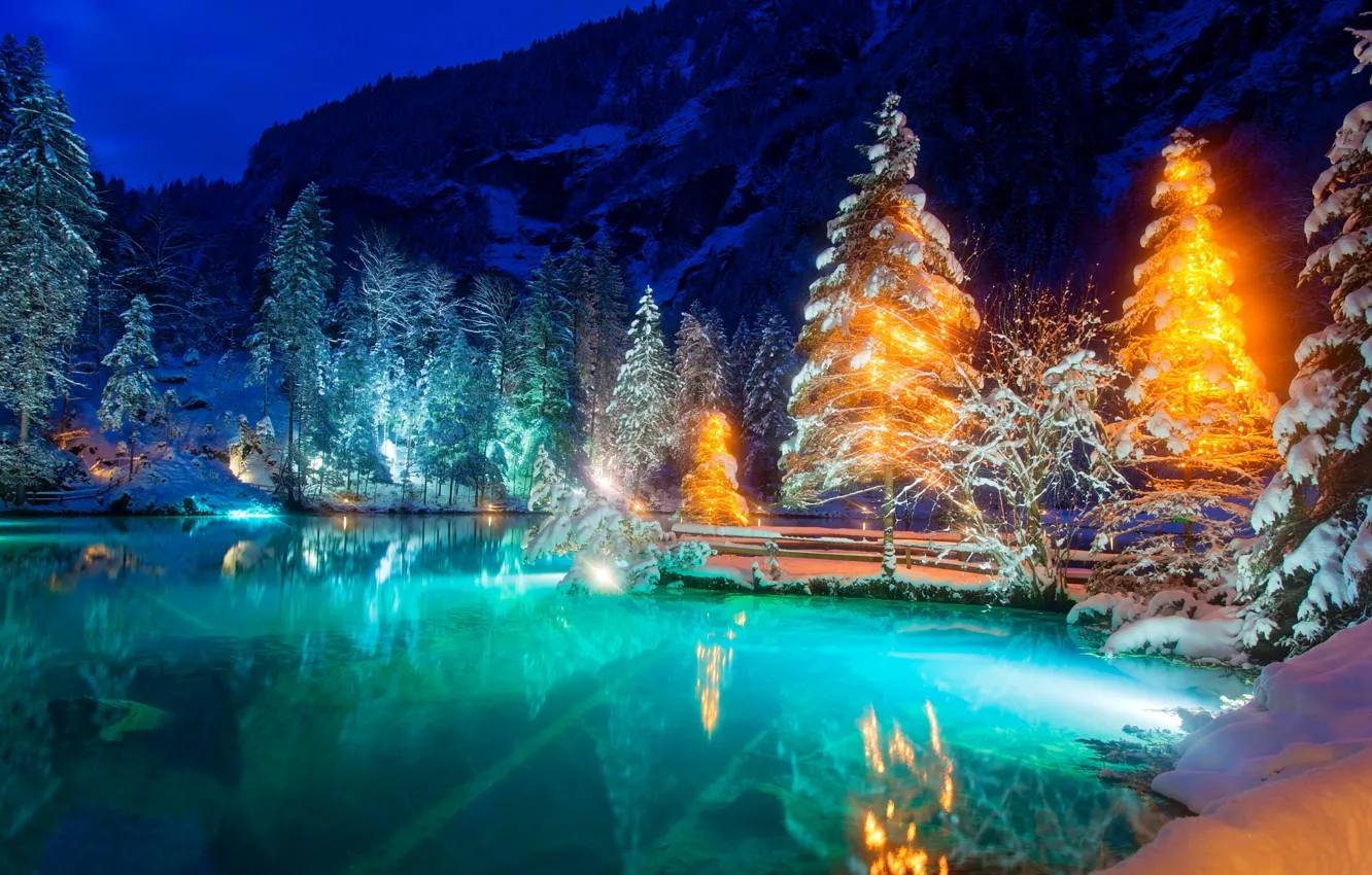 Photo wallpaper winter, snow, trees, landscape, nature, lake, the evening, Switzerland