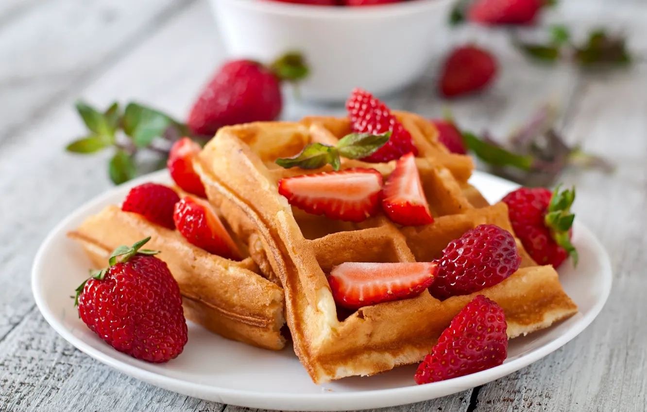 Photo wallpaper berries, strawberry, dessert, waffles