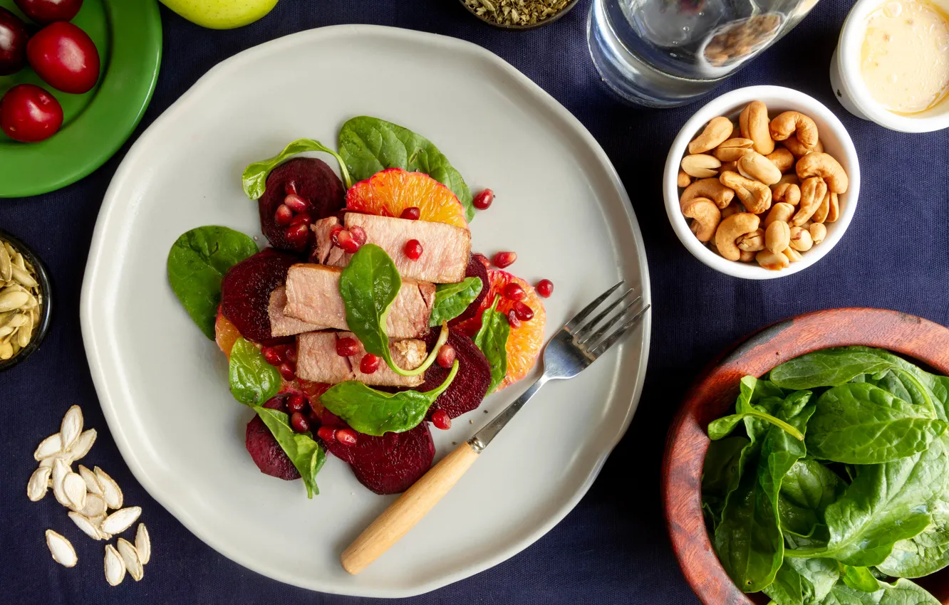 Photo wallpaper plate, meat, plug, appetizer, beets, spinach, pomegranate seeds, cashew nuts