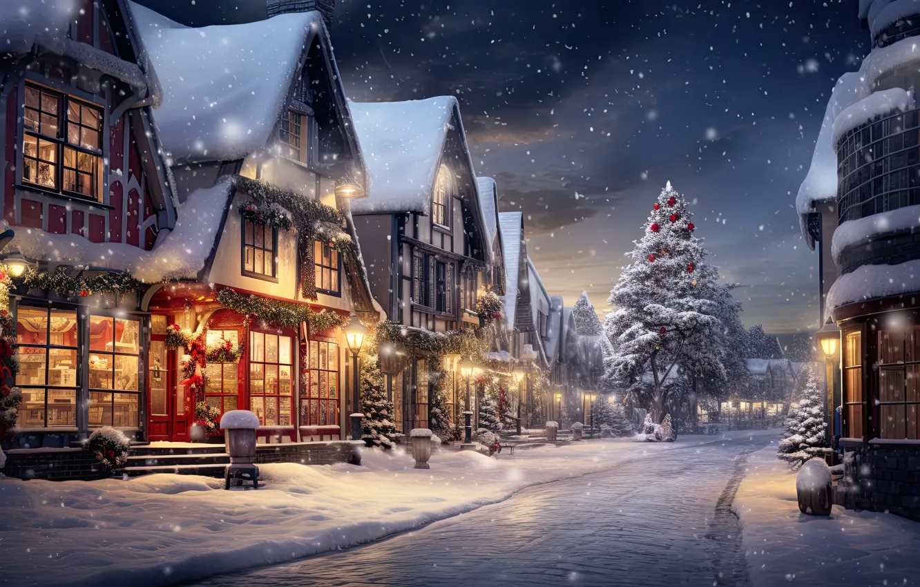 Photo wallpaper winter, snow, decoration, night, the city, lights, street, tree
