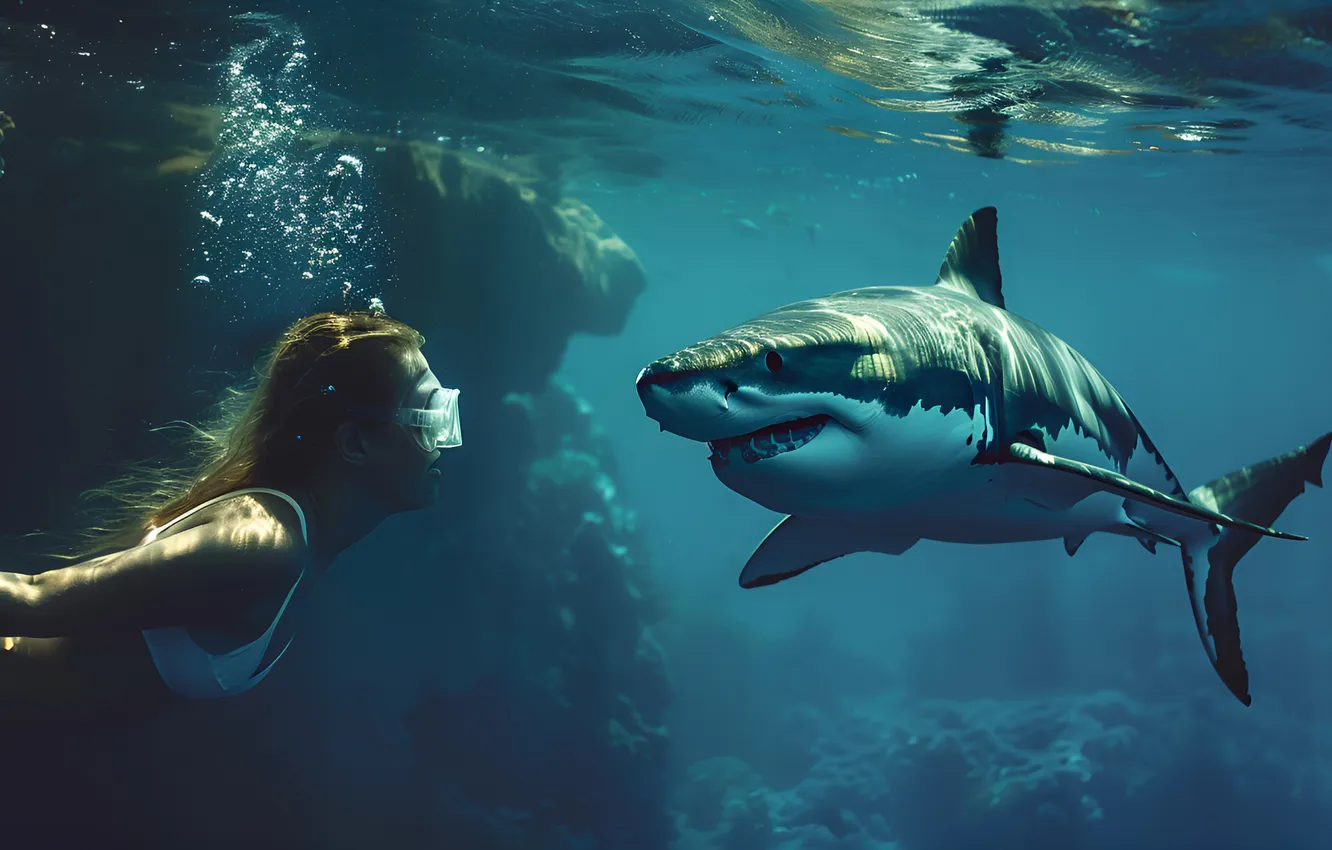 Photo wallpaper girl, danger, predator, shark, two, underwater world, digital art, AI art