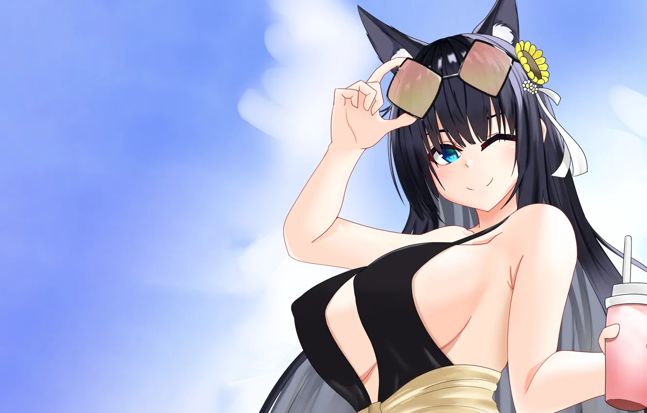 Photo wallpaper girl, sexy, cleavage, long hair, boobs, anime, blue eyes, beautiful