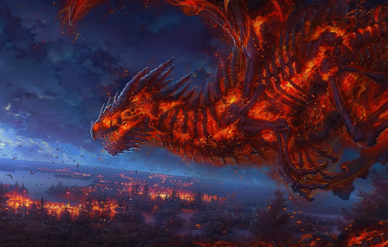 Photo wallpaper fire, moon, Underworld, fantasy, night, art, clouds, deviantart