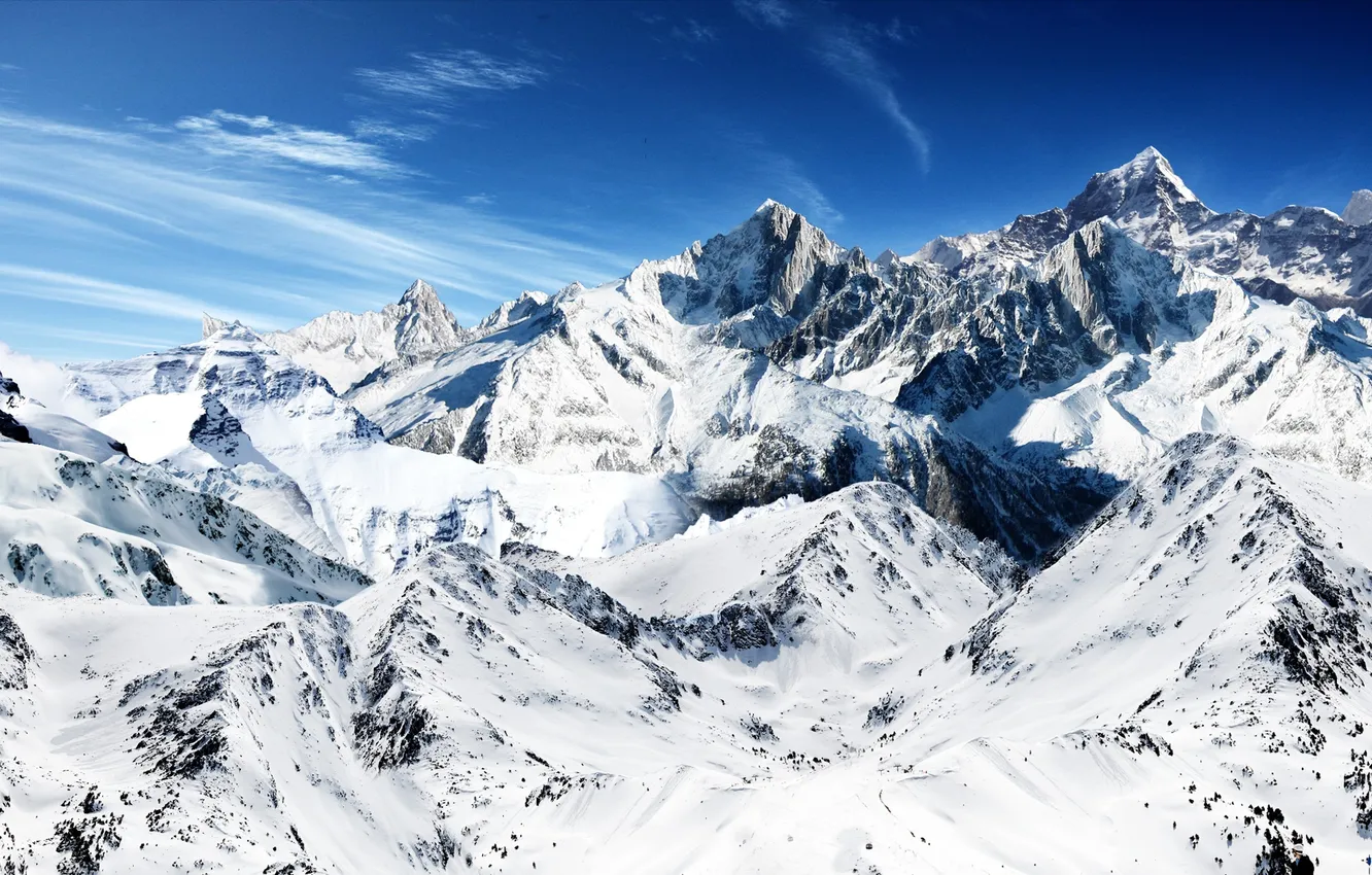 Photo wallpaper the sky, snow, mountains, tops, heights