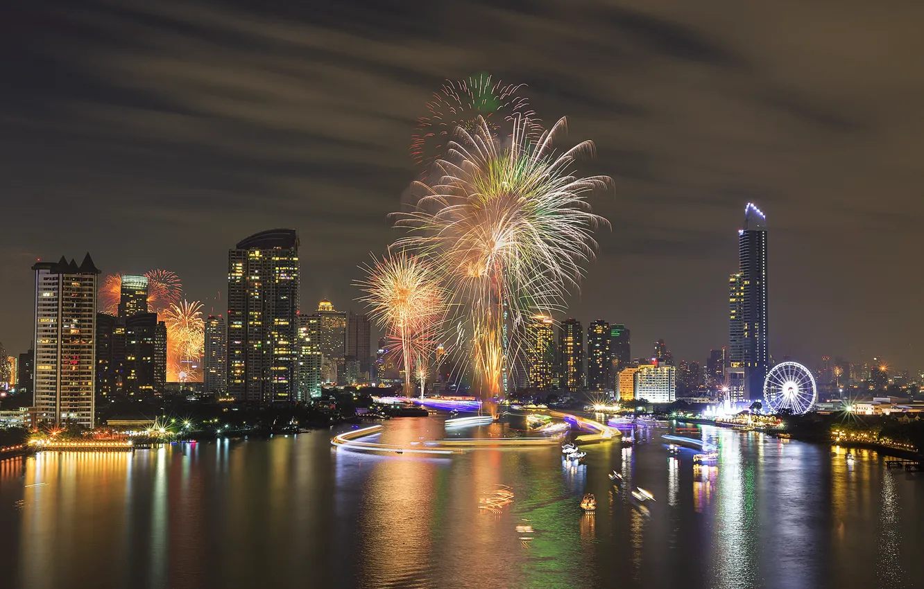 Photo wallpaper night, the city, holiday, panorama, fireworks, Bangkok