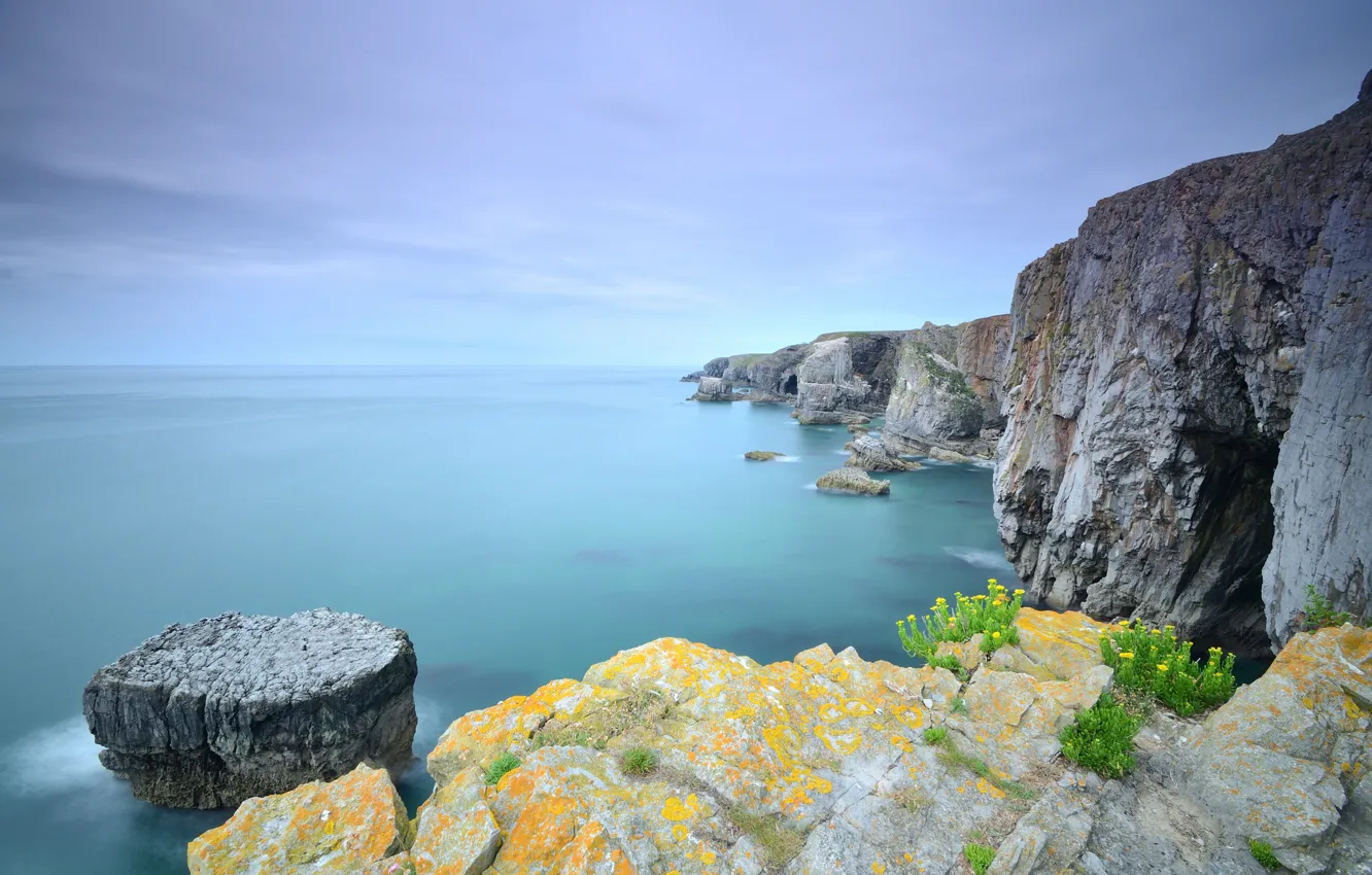 Photo wallpaper sea, rocks, coast, Wales, United Kingdom, Bucks pool