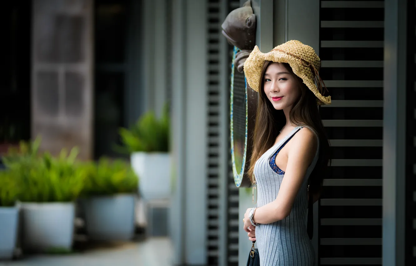 Photo wallpaper girl, smile, hat, dress, Asian, cutie