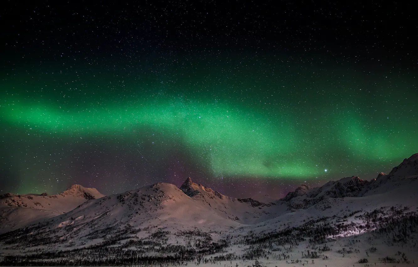 Photo wallpaper winter, the sky, snow, mountains, nature, Northern lights