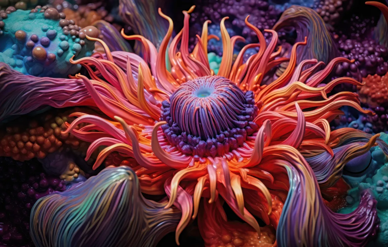 Photo wallpaper sea, underwater world, the bottom of the sea, anemones, digital art, sea anemones, AI art, …