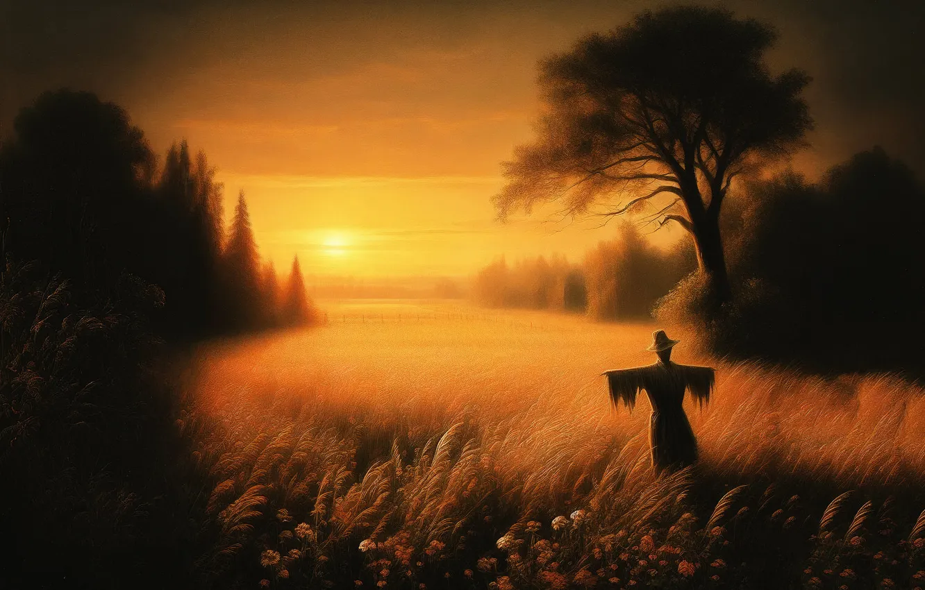 Photo wallpaper field, landscape, sunset, nature, stuffed, Scarecrow, AI art