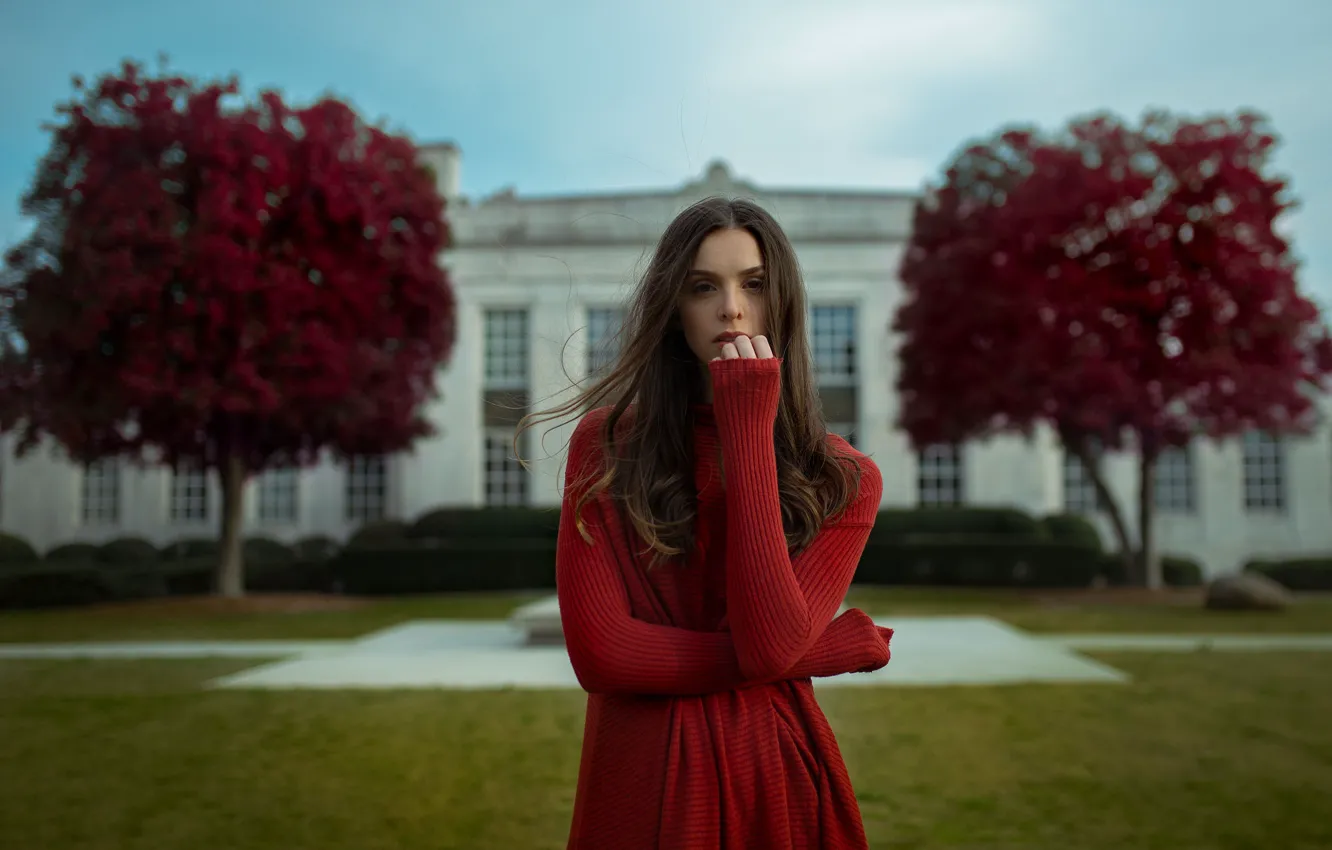 Photo wallpaper autumn, look, girl, nature, pose, dress, bokeh, Jesse Zepeda