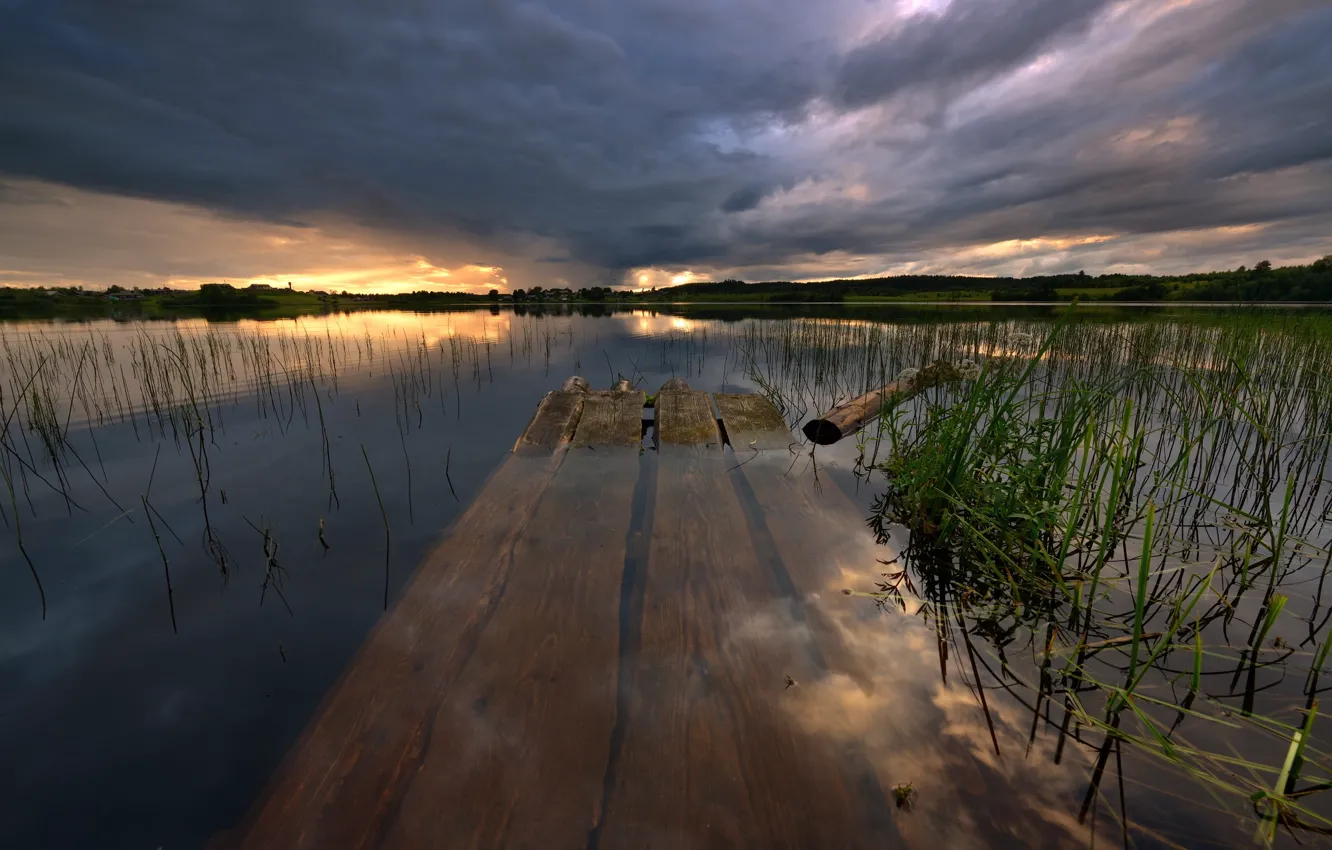 Photo wallpaper clouds, lake, pier, Karelia, Kolodozero