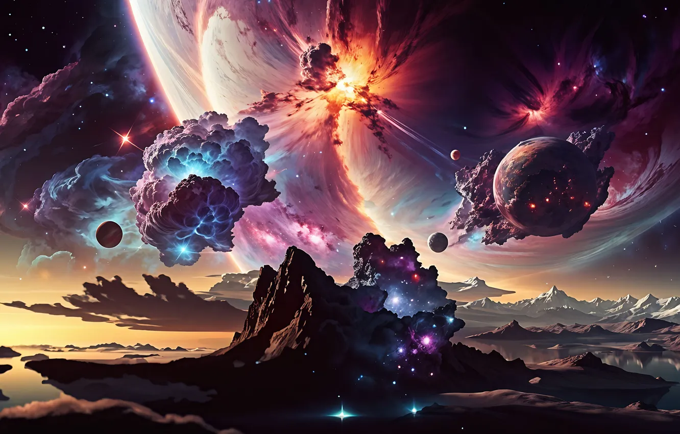 Photo wallpaper space, mountains, nebula, landscape, planet