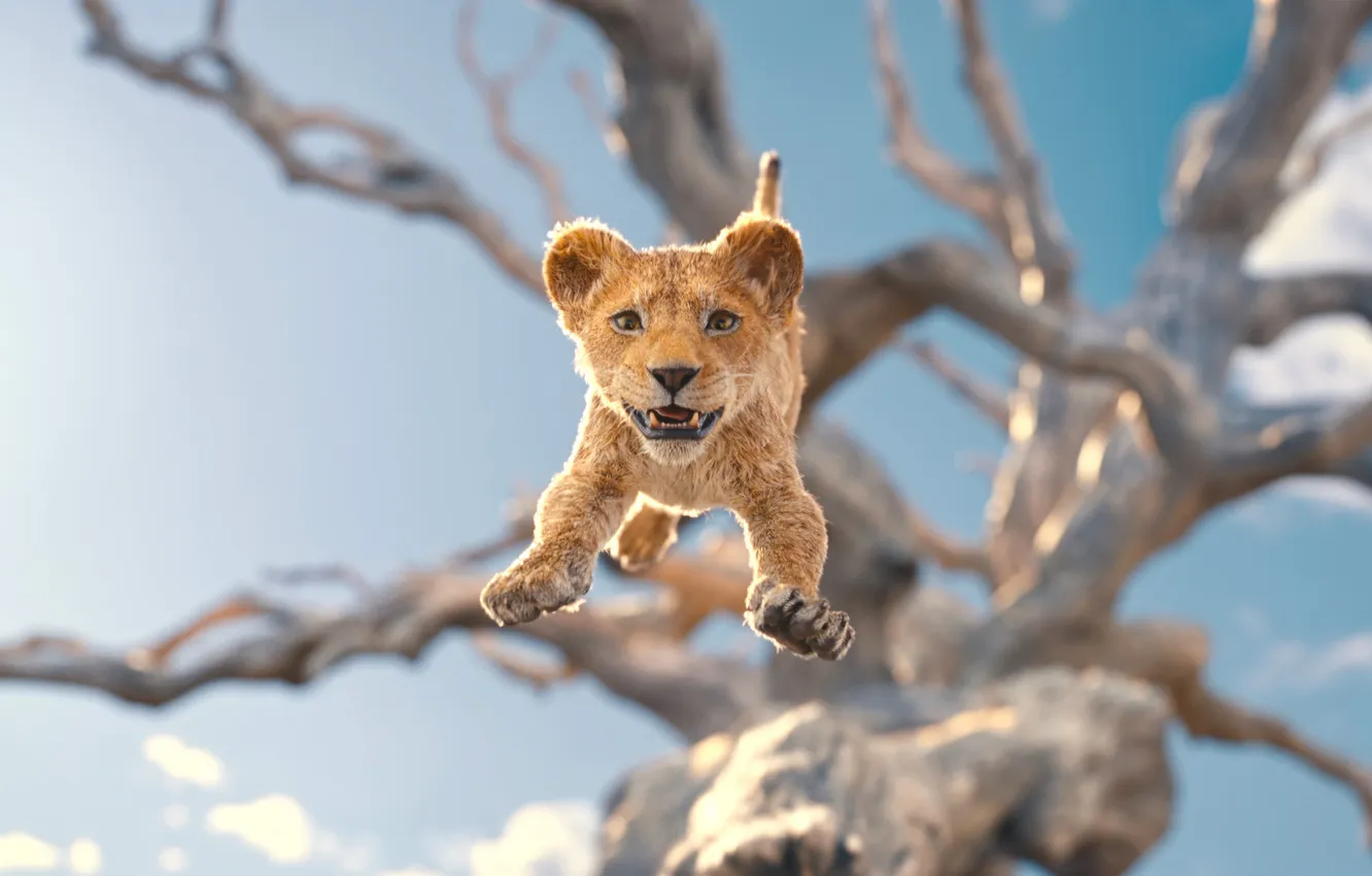 Photo wallpaper trees, flight, jump, Leo, USA, cub, kitty, Walt Disney Pictures