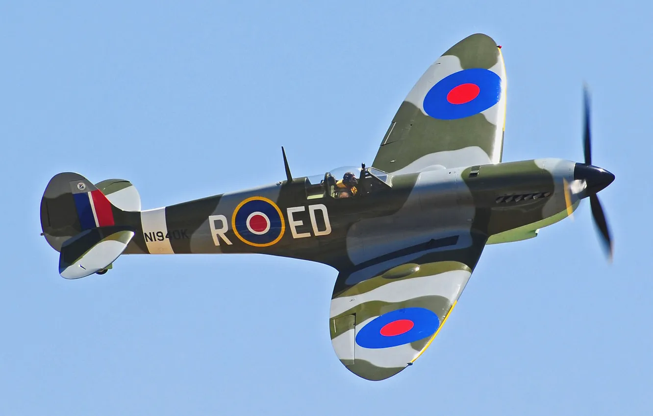 Photo wallpaper the sky, flight, the plane, fighter, propeller, Spitfire, scout, interceptor