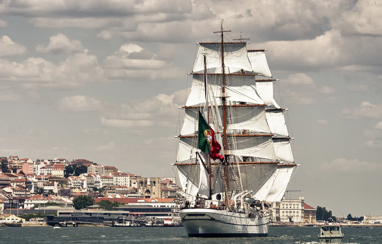 Photo wallpaper river, sailboat, Portugal, Lisbon, Portugal, Lisbon, the Tagus river, bark