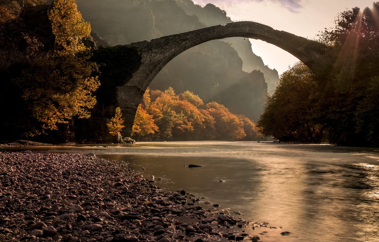 Photo wallpaper autumn, forest, bridge, river