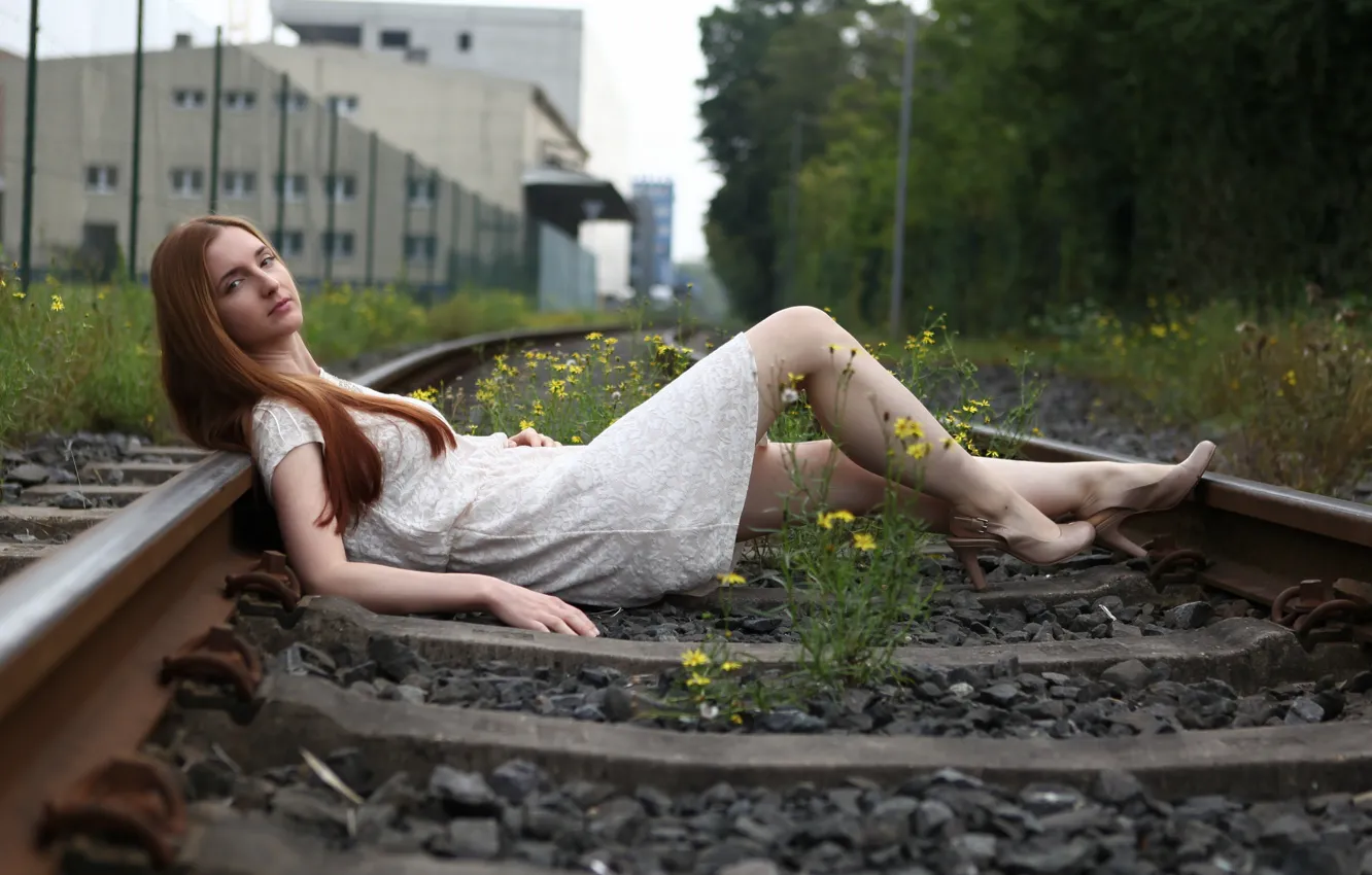 Photo wallpaper girl, rails, dress, sleepers