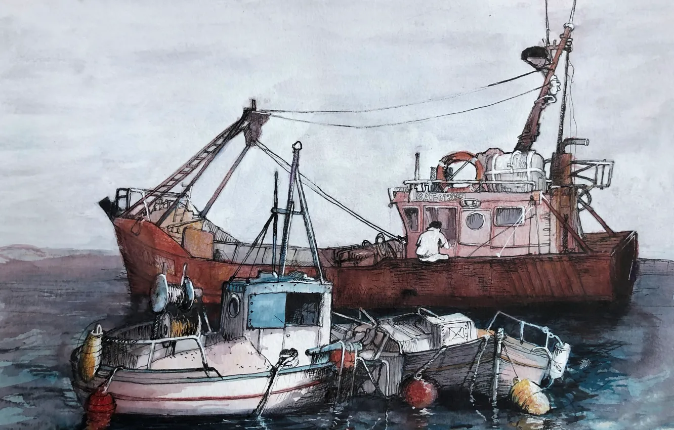 Photo wallpaper figure, ship, watercolor, seascape