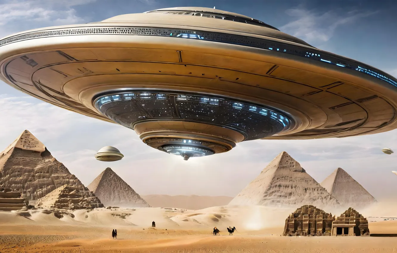 Photo wallpaper science fiction, Pyramids, UFOs