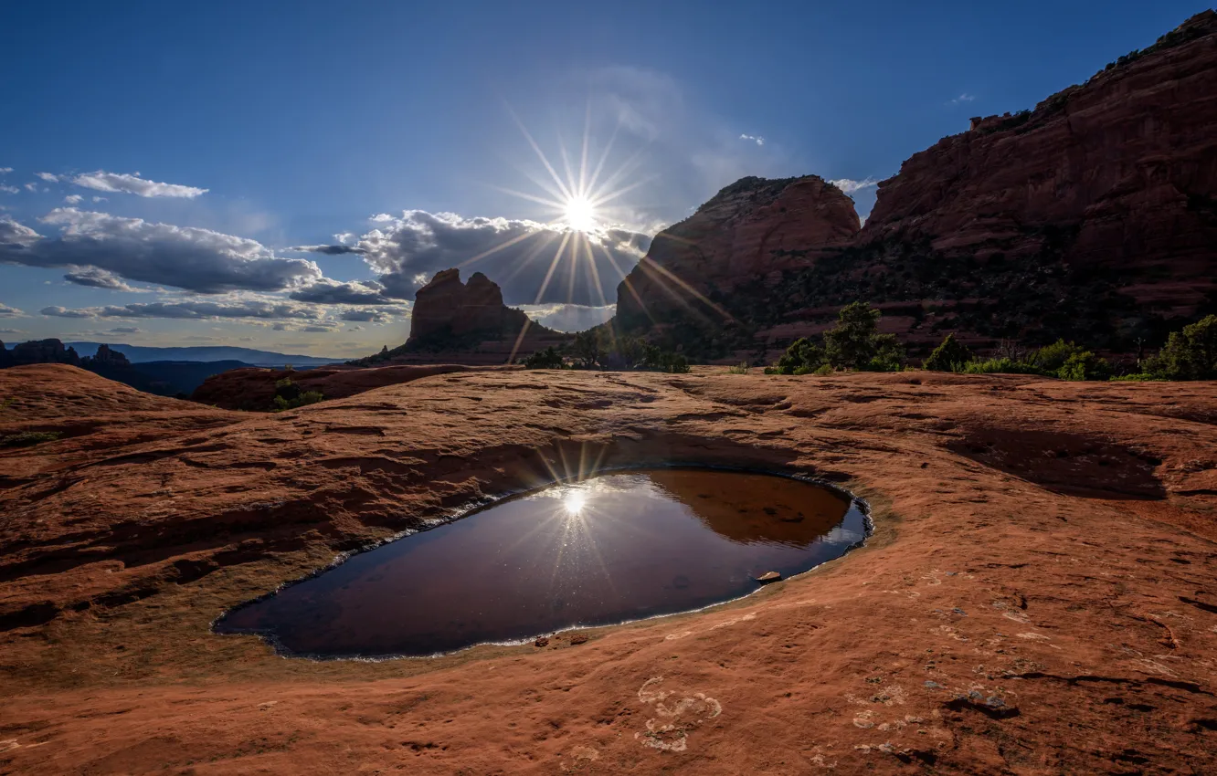 Photo wallpaper the sun, clouds, mountains, rocks, AZ, USA, Sedona