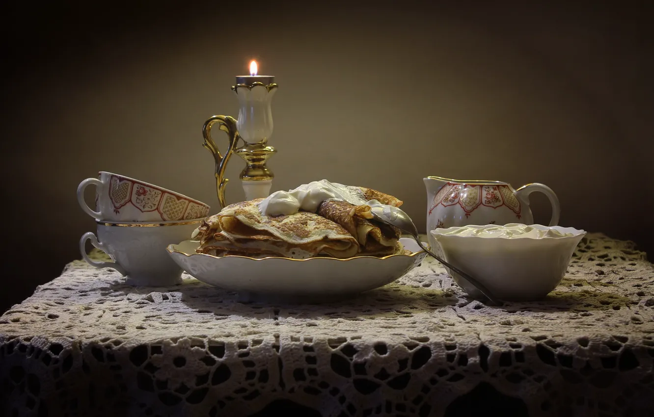 Photo wallpaper table, food, candles, Cup, pancakes, sour cream, Carnival, Kovaleva Svetlana