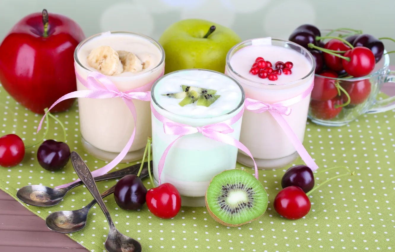 Photo wallpaper berries, apples, fruit, cherry, yogurt