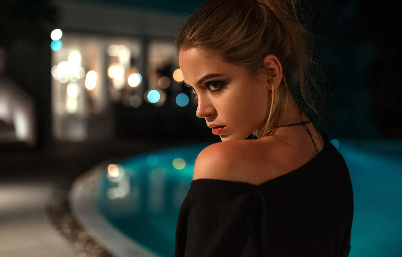 Photo wallpaper night, lights, glare, model, portrait, makeup, hairstyle, brown hair