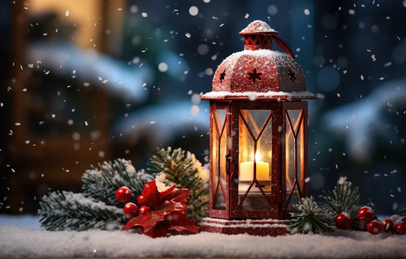 Photo wallpaper winter, snow, decoration, night, New Year, Christmas, lantern, light